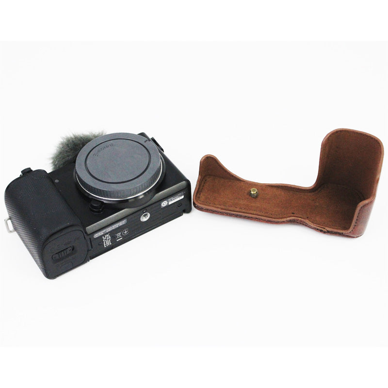 Vintage PU Leather Case Lens Body Protector Cover with Shoulder Strap for Sony ZVE10 ZV-E10 - Coffee