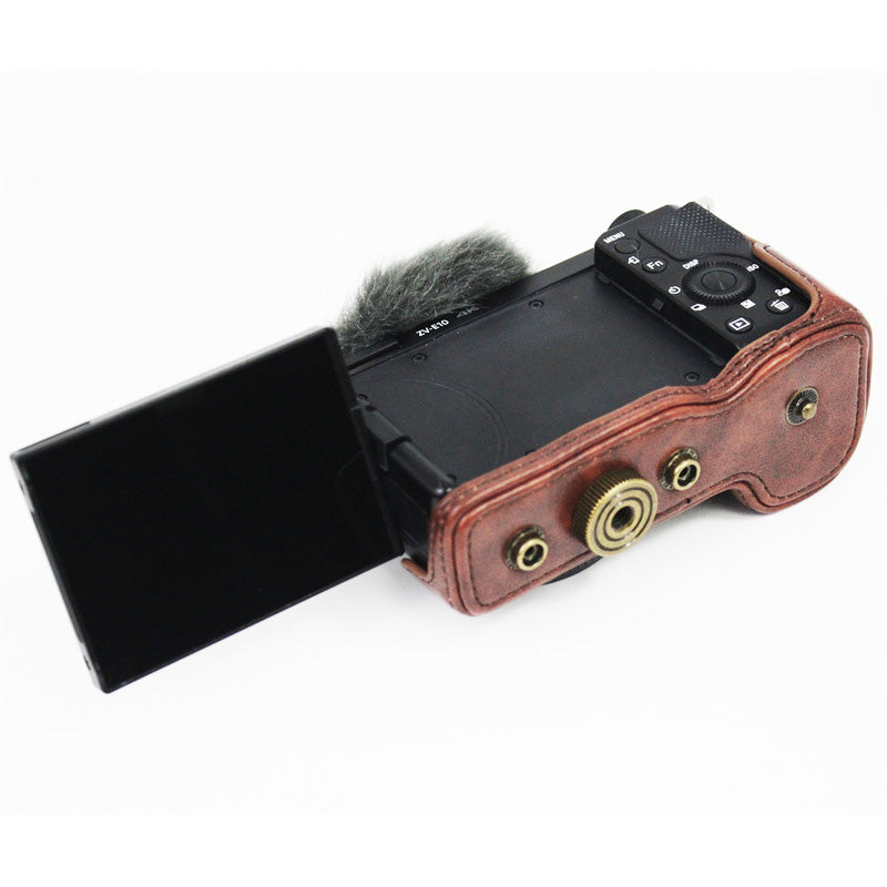 Vintage PU Leather Case Lens Body Protector Cover with Shoulder Strap for Sony ZVE10 ZV-E10 - Coffee