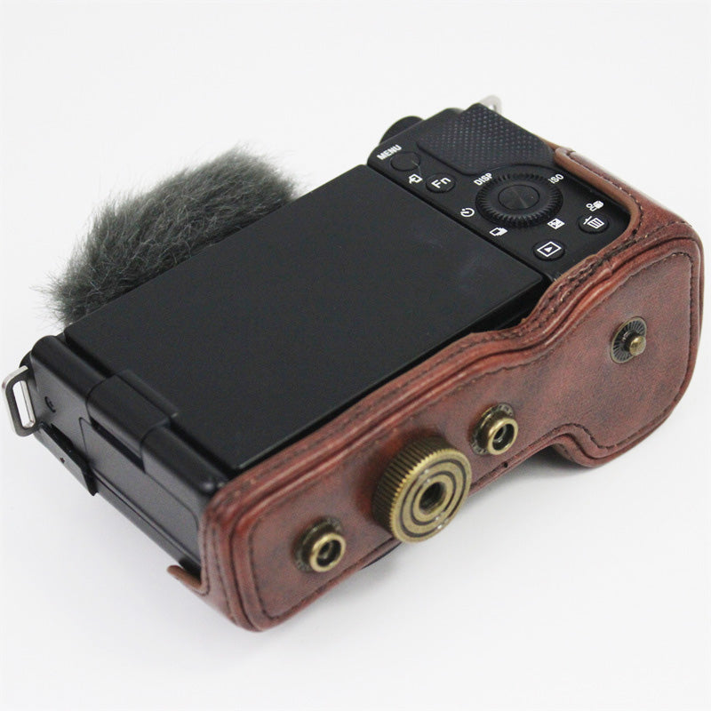 Vintage PU Leather Case Lens Body Protector Cover with Shoulder Strap for Sony ZVE10 ZV-E10 - Coffee