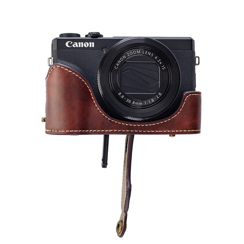 for Canon G7 X Mark III / G7 X Mark II Detachable PU Leather Camera Bag Battery Opening Design Protective Cover with Shoulder Strap - Crazy Horse Texture / Coffee