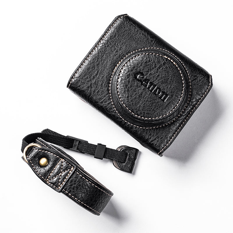 for Canon G7 X Mark III/G7 X Mark II Detachable PU Leather Camera Bag Battery Opening Design Protective Cover with Shoulder Strap - Buffalo Texture/Black