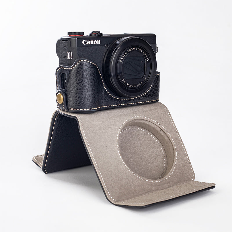 for Canon G7 X Mark III/G7 X Mark II Detachable PU Leather Camera Bag Battery Opening Design Protective Cover with Shoulder Strap - Buffalo Texture/Black