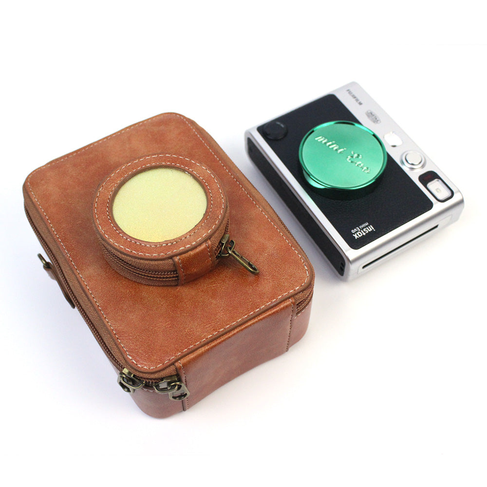 Uniqkart for Fujifilm Instax Mini Evo Vintage PU Leather Camera Case Camera Bag with Shoulder Strap - Brown