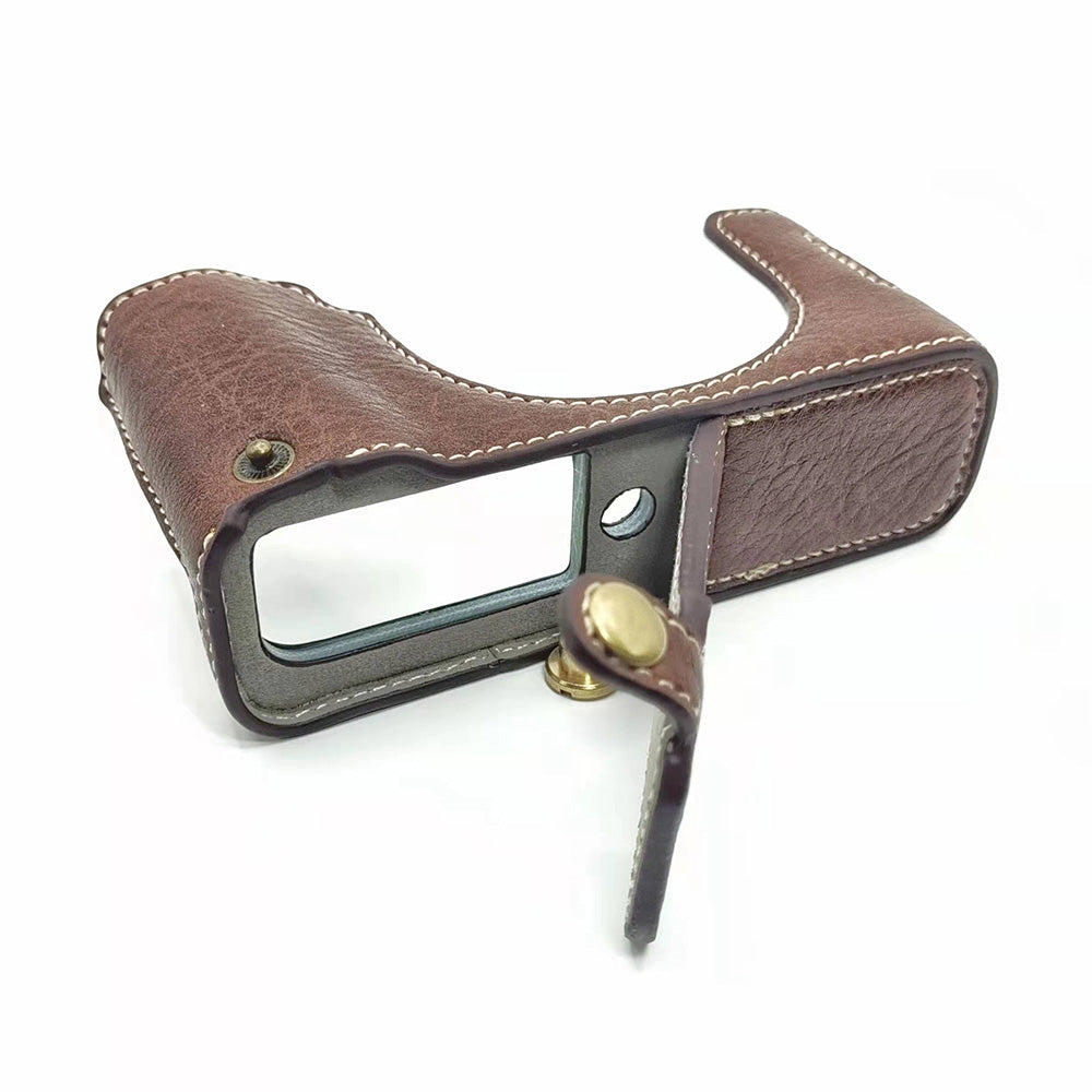 Uniqkart for Fujifilm X100V / X100F PU Leather Camera Bottom Case Protective Half Body Cover with Battery Opening - Coffee