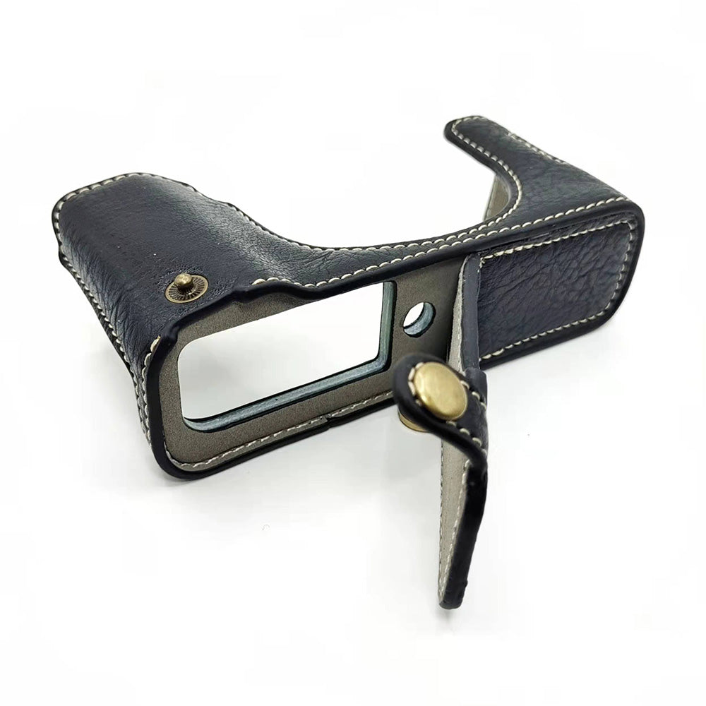 Uniqkart for Fujifilm X100V / X100F PU Leather Camera Bottom Case Protective Half Body Cover with Battery Opening - Black