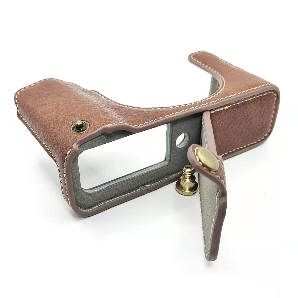 Uniqkart for Fujifilm X100V / X100F PU Leather Camera Bottom Case Protective Half Body Cover with Battery Opening - Brown