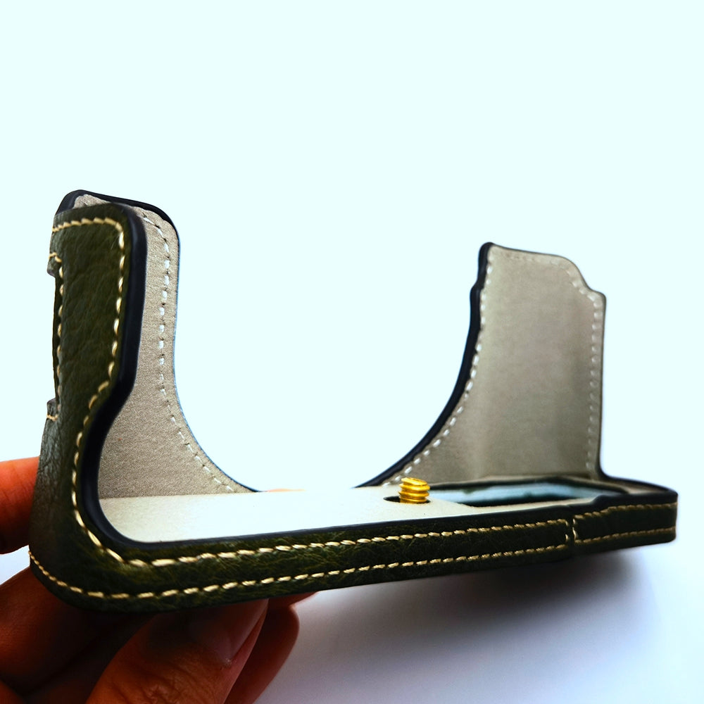 Uniqkart for Fujifilm X100V / X100F PU Leather Camera Bottom Case Protective Half Body Cover with Battery Opening - Green