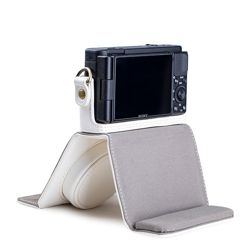 Portable PU Leather Camera Case for Sony ZV1 Detachable Camera Protective Case with Strap Magnetic Storage Bag - White