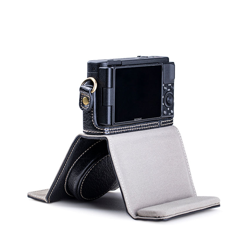 Portable PU Leather Camera Case for Sony ZV1 Detachable Camera Protective Case with Strap Magnetic Storage Bag - Black