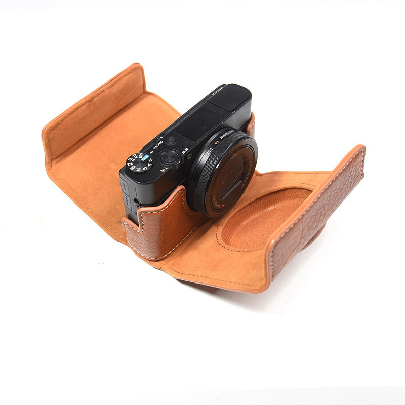 Detachable PU Leather Camera Case for Sony RX100M7/RX100M6/RX100M5/RX100M4/RX100M3/RX100M2 Portable Camera Carrying Case with Strap Magnetic Protective Bag - Brown