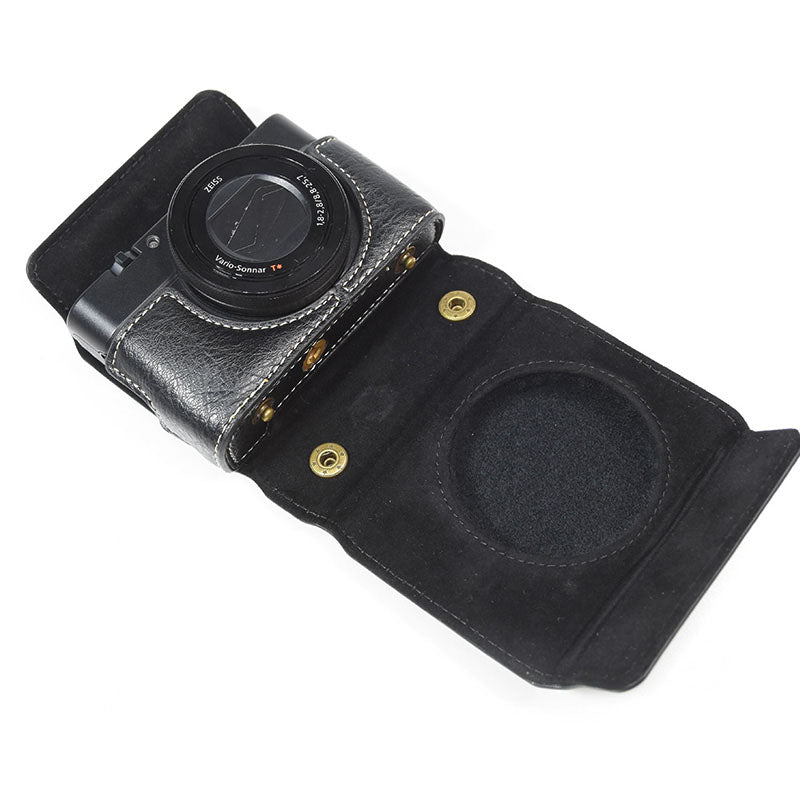 Detachable PU Leather Camera Case for Sony RX100M7/RX100M6/RX100M5/RX100M4/RX100M3/RX100M2 Portable Camera Carrying Case with Strap Magnetic Protective Bag - Black