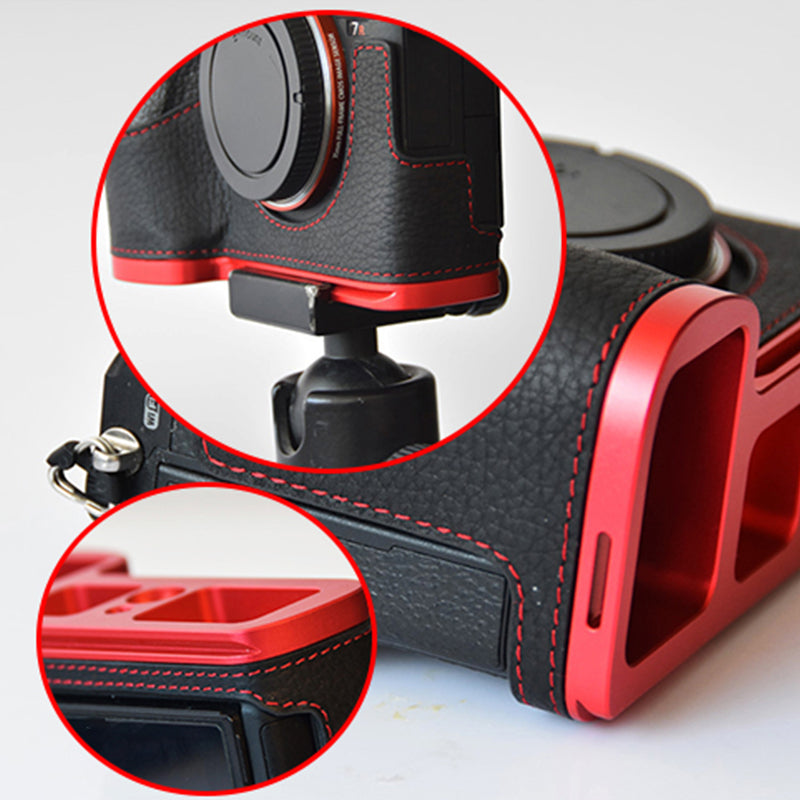 Uniqkart for Sony A7M3/A9/A73/A7R3 Genuine Leather Camera Bottom Case Protective Half Body Cover Quick Release Plate Bracket Holder - Black / Red