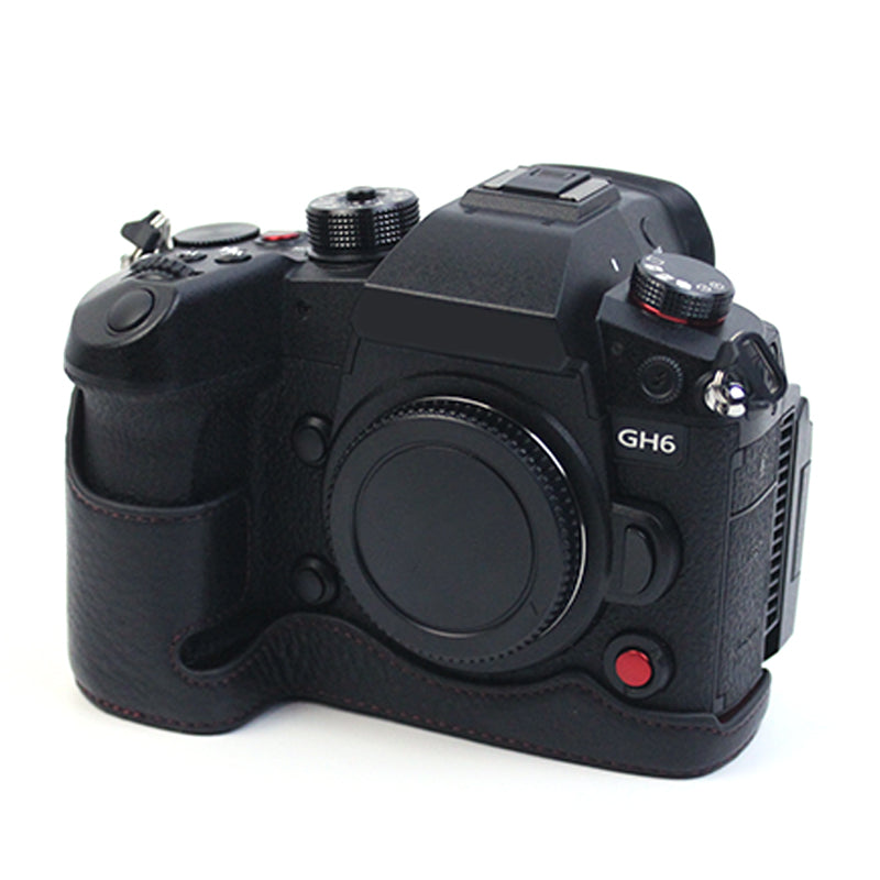 Uniqkart for Panasonic LUMIX GH6/DC-GH6GK Genuine Leather Camera Bottom Case Protective Half Body Cover with Battery Opening Design - Black