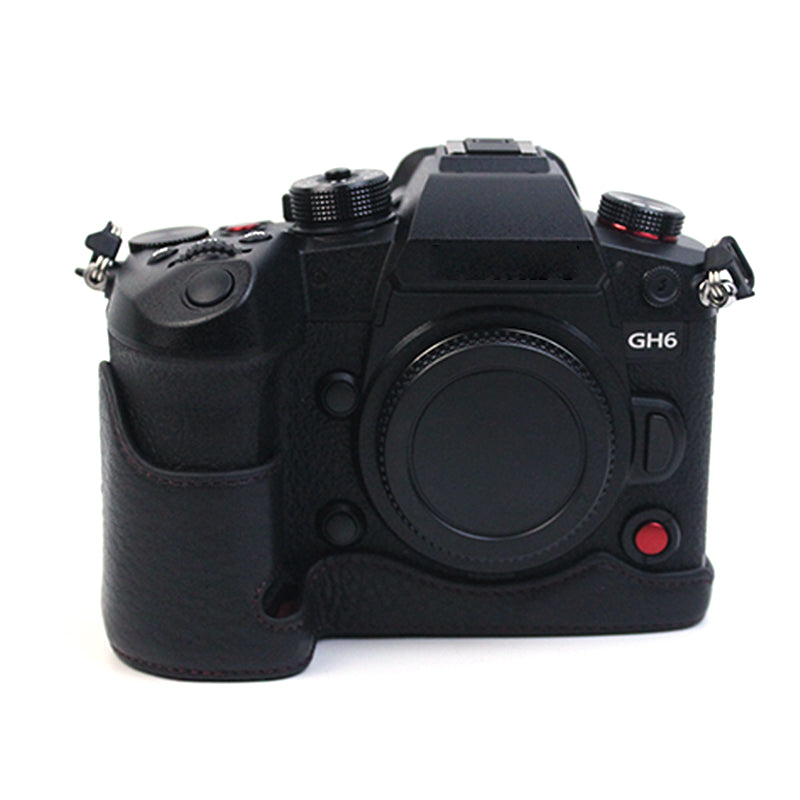 Uniqkart for Panasonic LUMIX GH6/DC-GH6GK Genuine Leather Camera Bottom Case Protective Half Body Cover with Battery Opening Design - Black