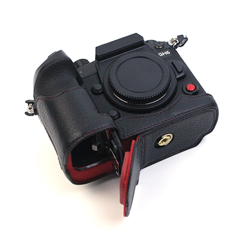 Uniqkart for Panasonic LUMIX GH6/DC-GH6GK Genuine Leather Camera Bottom Case Protective Half Body Cover with Battery Opening Design - Black
