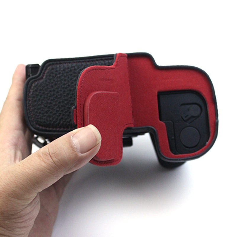 Uniqkart for Panasonic LUMIX GH6/DC-GH6GK Genuine Leather Camera Bottom Case Protective Half Body Cover with Battery Opening Design - Black