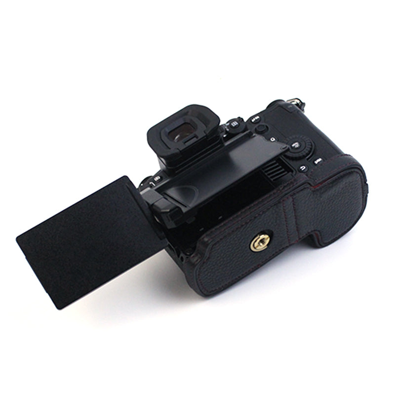 Uniqkart for Panasonic LUMIX GH6/DC-GH6GK Genuine Leather Camera Bottom Case Protective Half Body Cover with Battery Opening Design - Black