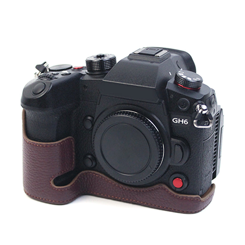 Uniqkart for Panasonic LUMIX GH6/DC-GH6GK Genuine Leather Camera Bottom Case Protective Half Body Cover with Battery Opening Design - Coffee