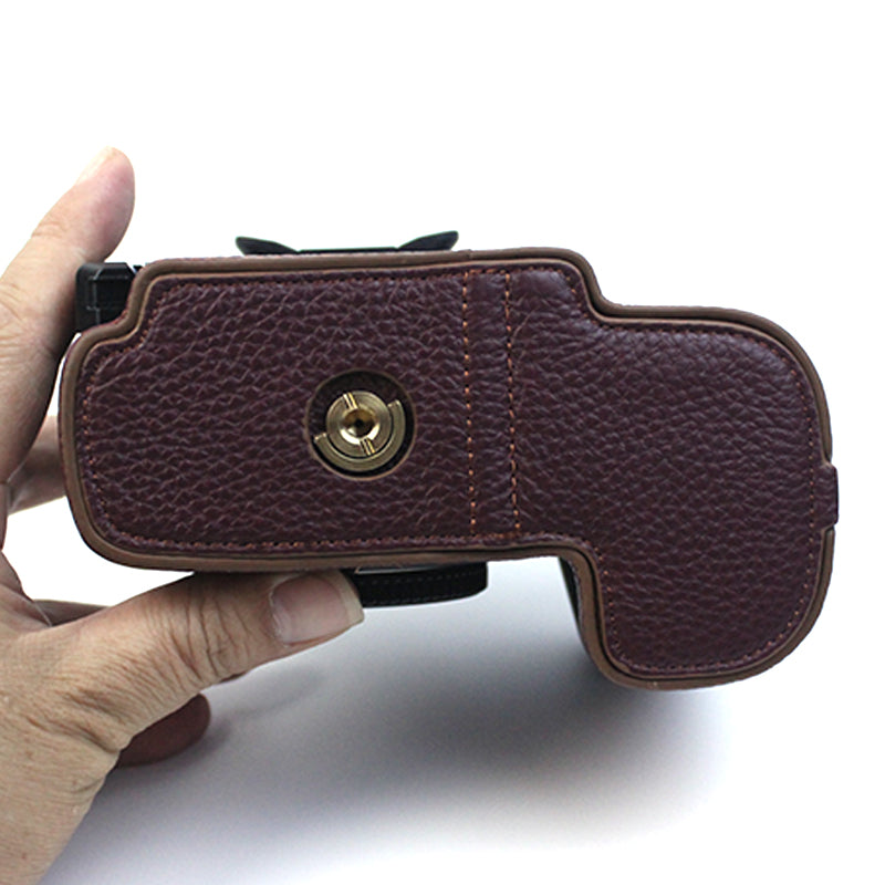 Uniqkart for Panasonic LUMIX GH6/DC-GH6GK Genuine Leather Camera Bottom Case Protective Half Body Cover with Battery Opening Design - Coffee