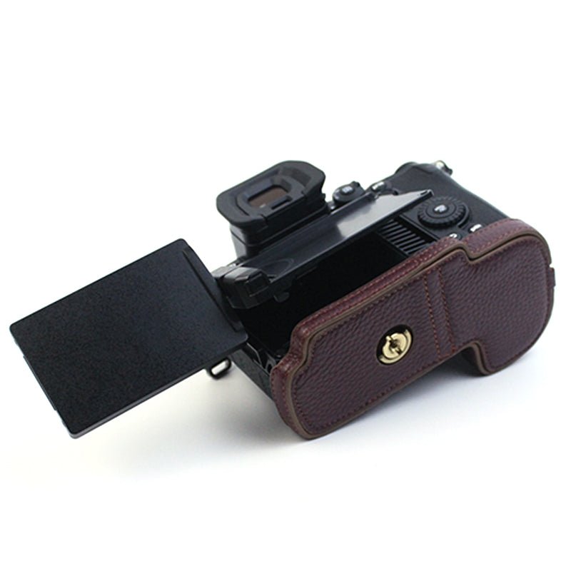 Uniqkart for Panasonic LUMIX GH6/DC-GH6GK Genuine Leather Camera Bottom Case Protective Half Body Cover with Battery Opening Design - Coffee