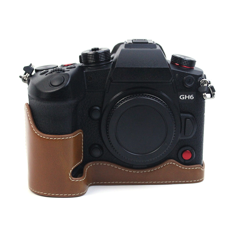 Uniqkart for Panasonic LUMIX GH6/DC-GH6GK Fashionable PU Leather Camera Bottom Case Battery Opening Design Protective Half Body Cover - Brown