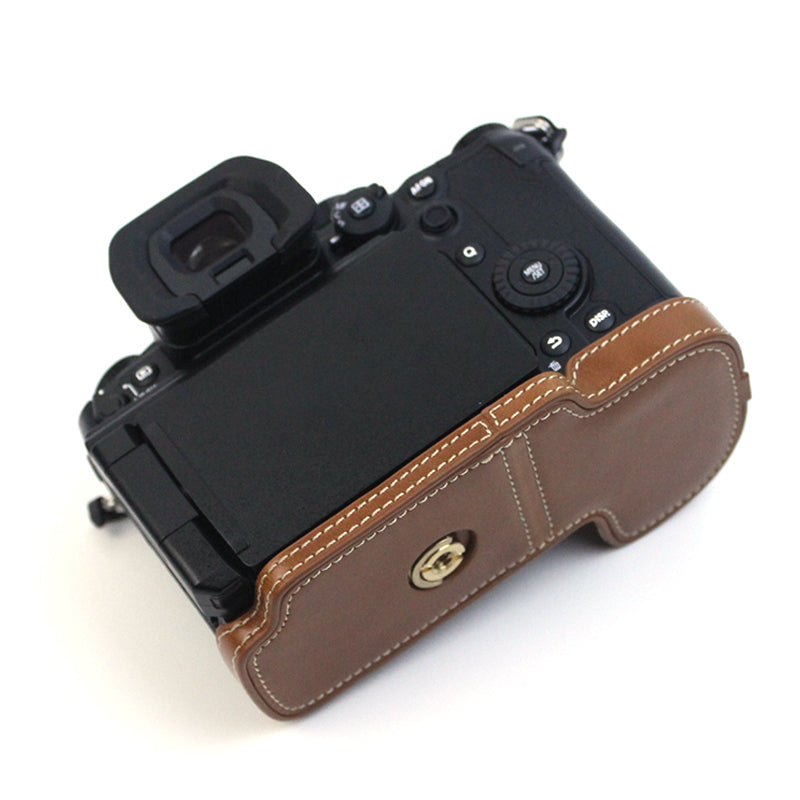 Uniqkart for Panasonic LUMIX GH6/DC-GH6GK Fashionable PU Leather Camera Bottom Case Battery Opening Design Protective Half Body Cover - Brown