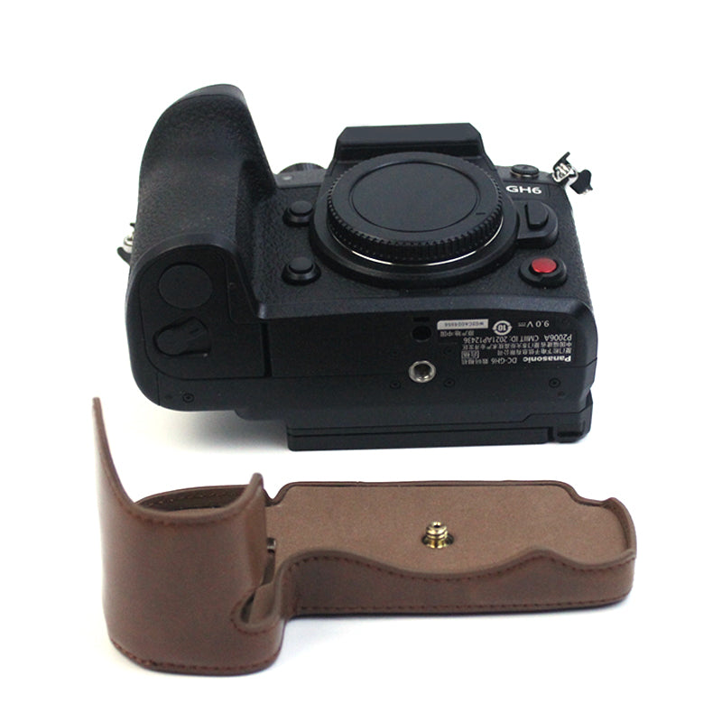 Uniqkart for Panasonic LUMIX GH6/DC-GH6GK Fashionable PU Leather Camera Bottom Case Battery Opening Design Protective Half Body Cover - Coffee