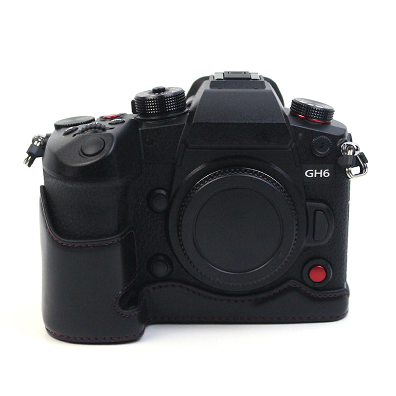 Uniqkart for Panasonic LUMIX GH6/DC-GH6GK Fashionable PU Leather Camera Bottom Case Battery Opening Design Protective Half Body Cover - Black
