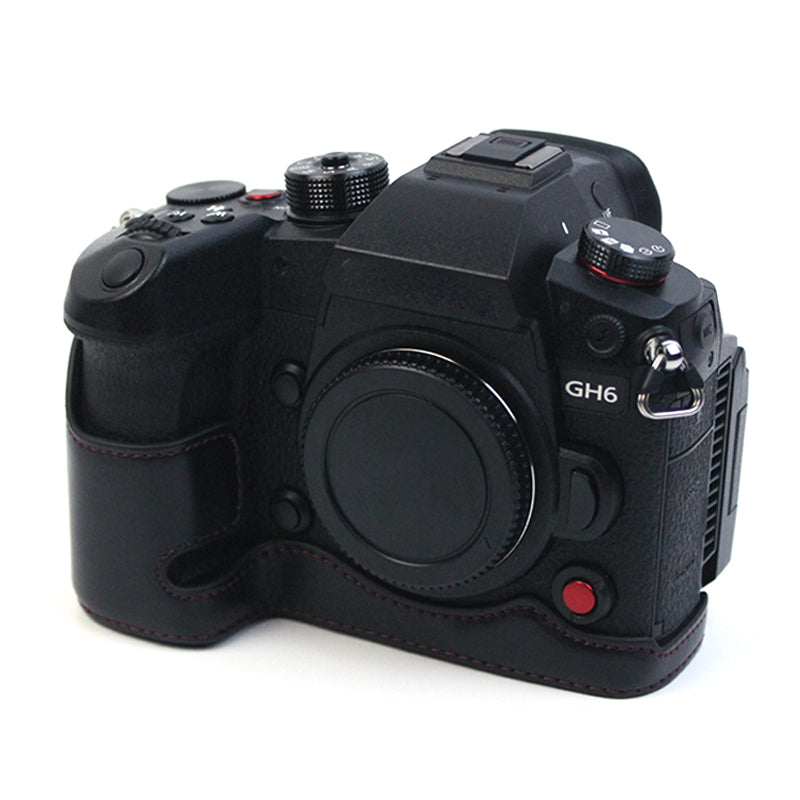 Uniqkart for Panasonic LUMIX GH6/DC-GH6GK Fashionable PU Leather Camera Bottom Case Battery Opening Design Protective Half Body Cover - Black