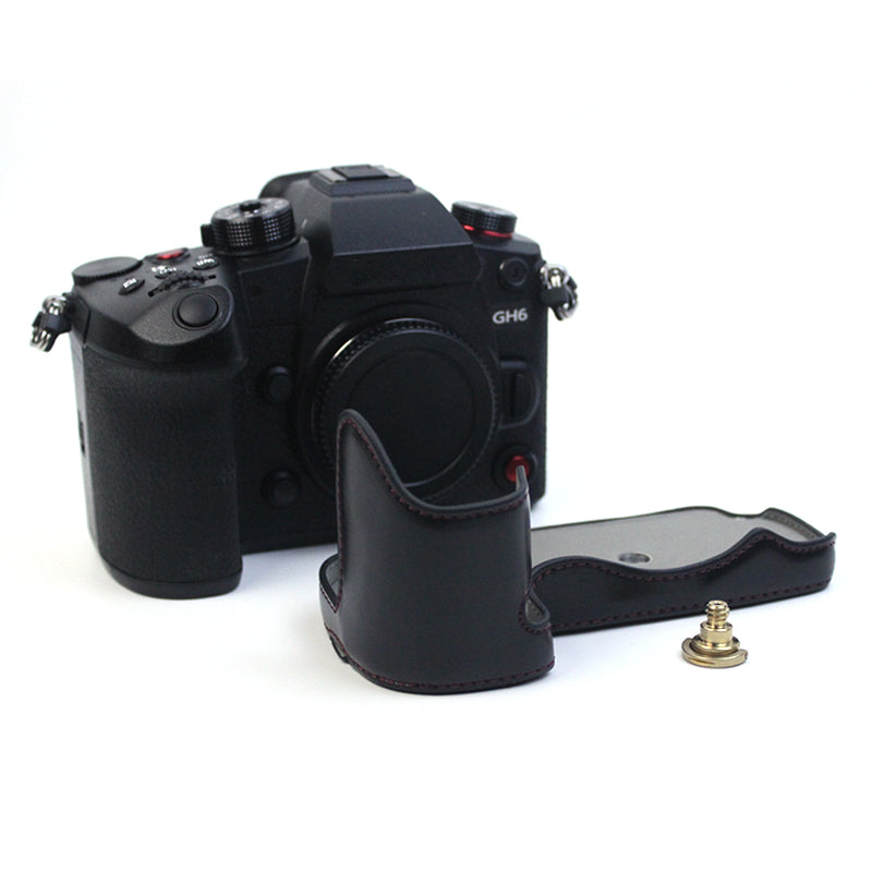 Uniqkart for Panasonic LUMIX GH6/DC-GH6GK Fashionable PU Leather Camera Bottom Case Battery Opening Design Protective Half Body Cover - Black