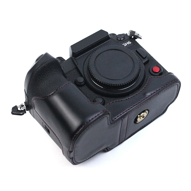 Uniqkart for Panasonic LUMIX GH6/DC-GH6GK Fashionable PU Leather Camera Bottom Case Battery Opening Design Protective Half Body Cover - Black