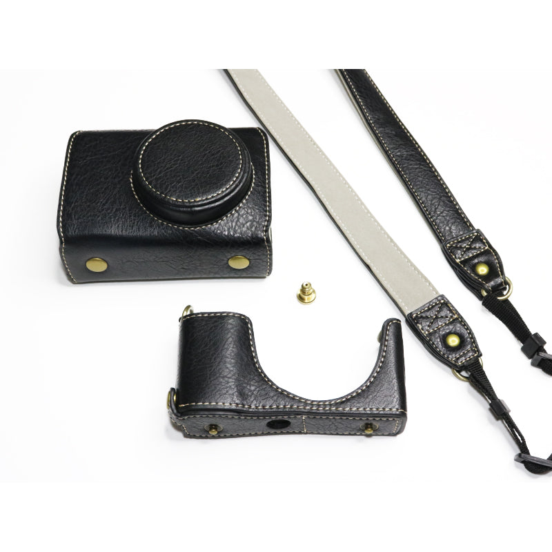 Uniqkart for Ricoh GR II Detachable PU Leather Camera Bag Battery Opening Design Protective Cover with Shoulder Strap - Black