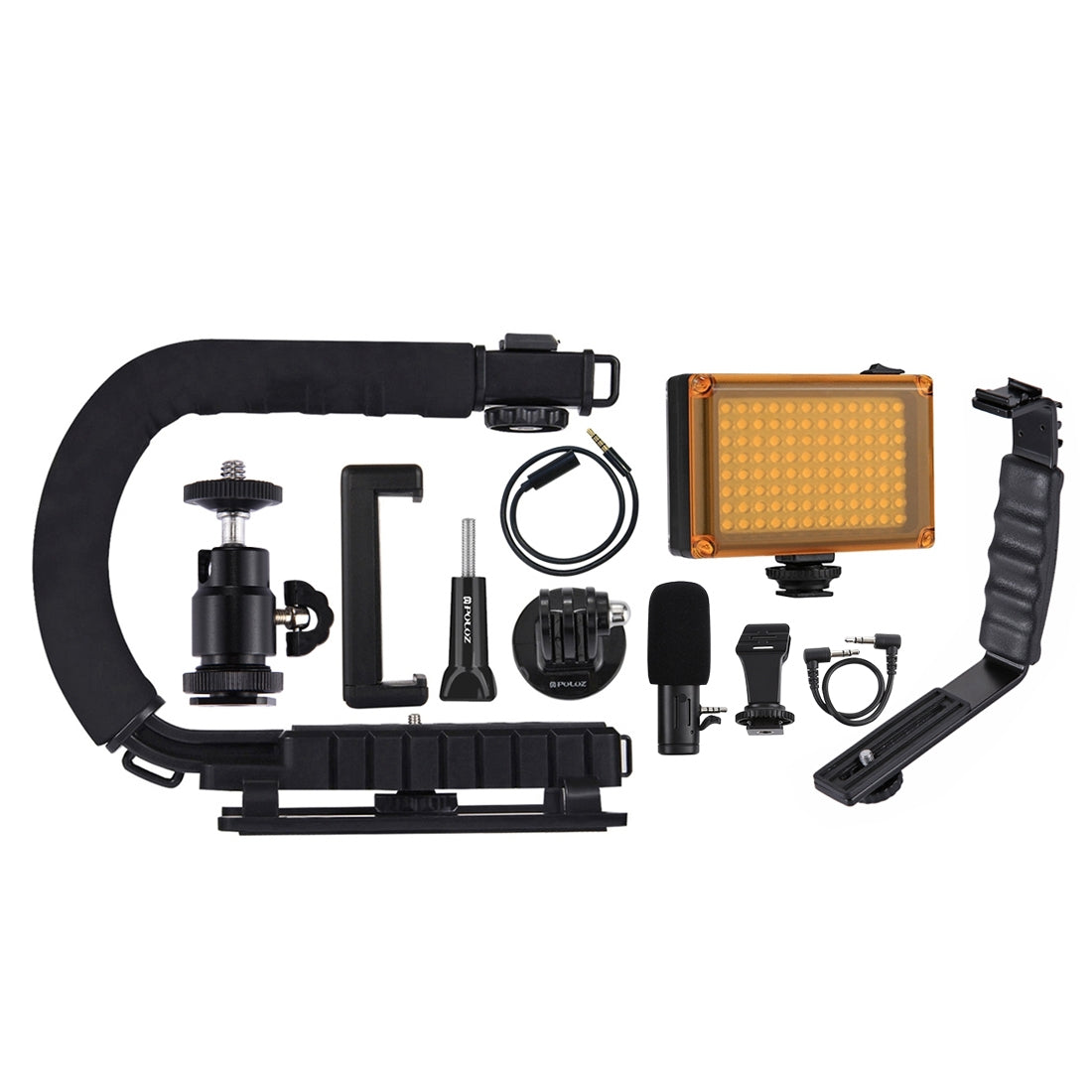 Puluz U/C Shape Portable Handheld DV Bracket Stabilizer + LED Studio Light + Video Shotgun Microphone Kits