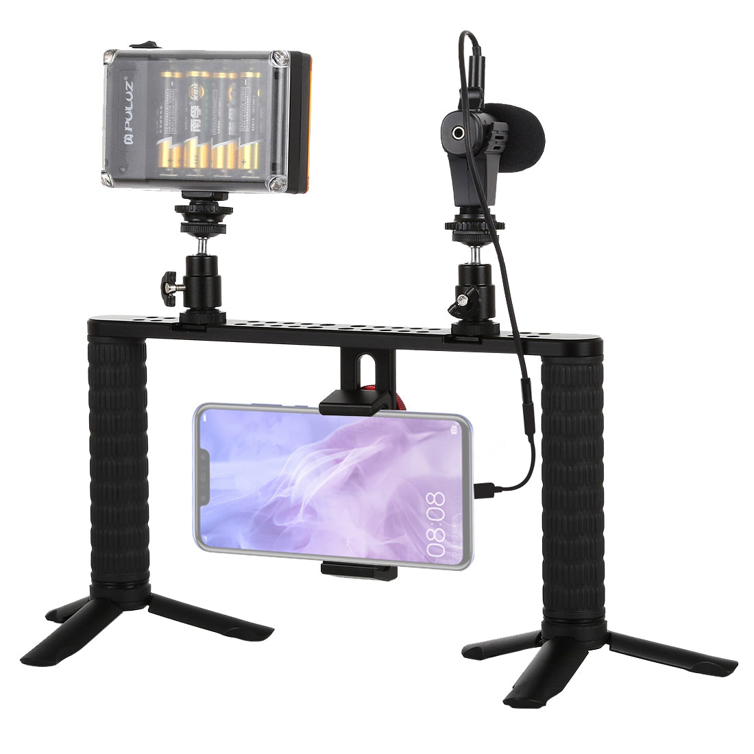 Puluz PKT3024 4 in 1 Live Broadcast LED Selfie Light Smartphone Video Rig Handle Stabilizer Bracket Kits Microphone Tripod
