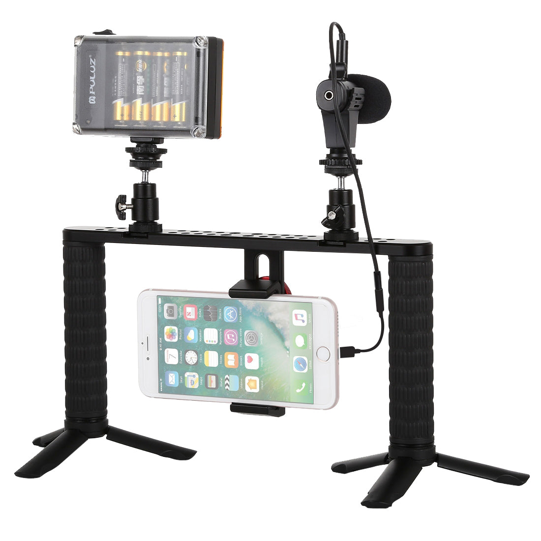 Puluz PKT3024 4 in 1 Live Broadcast LED Selfie Light Smartphone Video Rig Handle Stabilizer Bracket Kits Microphone Tripod