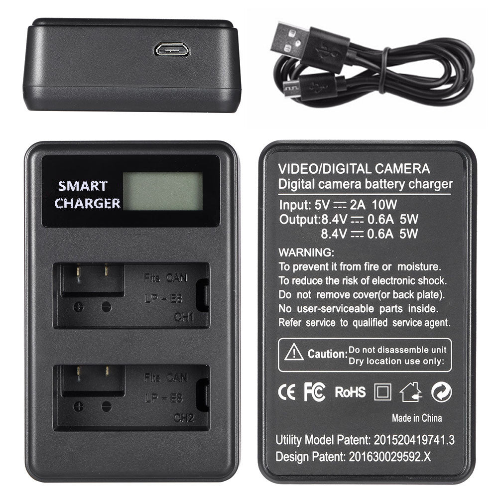 LCD Display 2-Channel LP-E8 Battery USB Charger for Canon EOS 550D 600D 650D etc