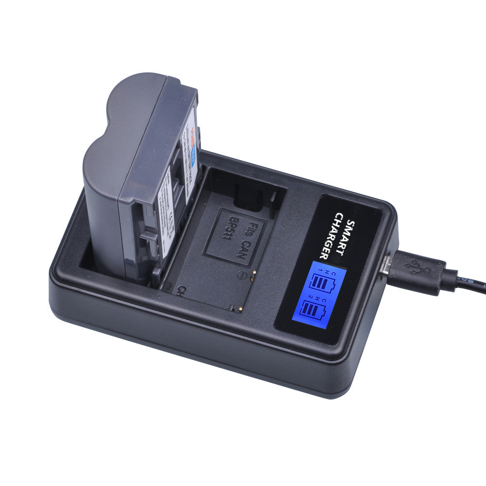 BP-511/511A Battery USB Double-Bay Charger with LCD Display for Canon EOS 300D 20D 30D etc