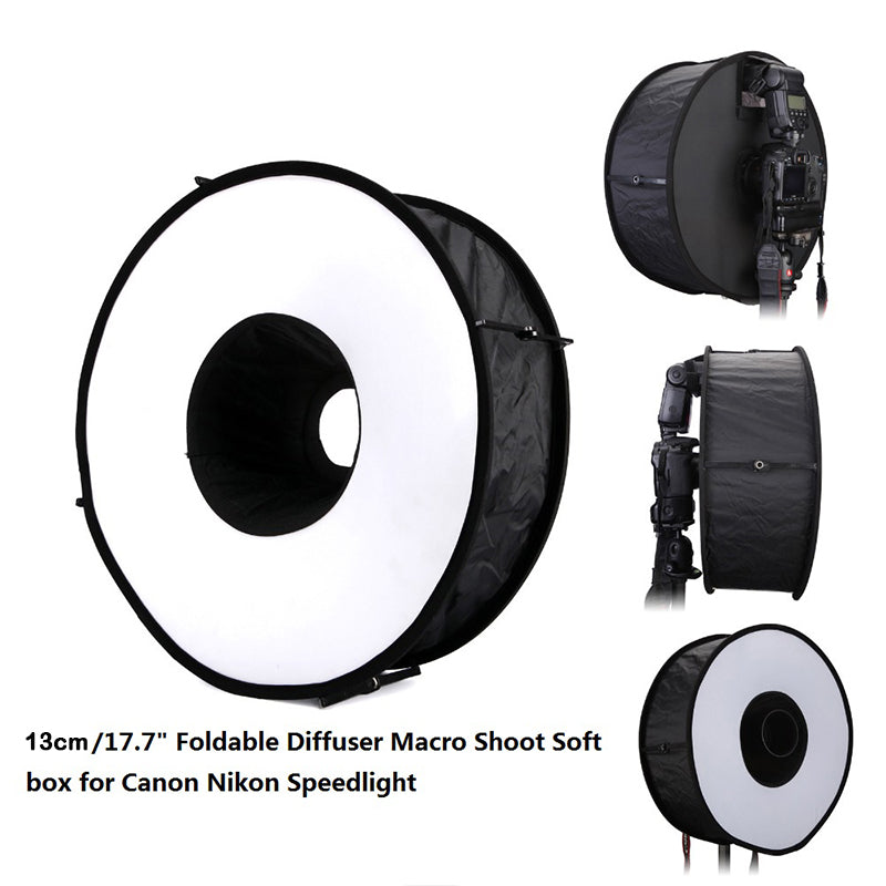 45cm Foldable Ring Speedlite Flash Diffuser Macro Shoot Round Softbox for Canon Nikon Speedlight - Black