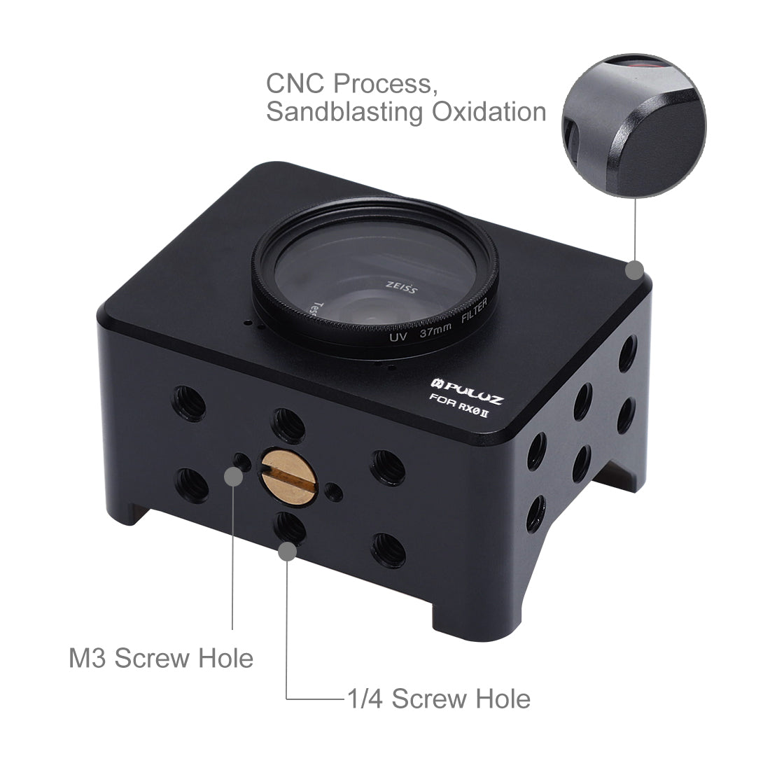 PULUZ Housing Shell CNC Aluminum Alloy Protective Cage with 37mm UV Lens & Cold-shoe Base Mount & Screw & Tripod Adapter for Sony RX0 II
