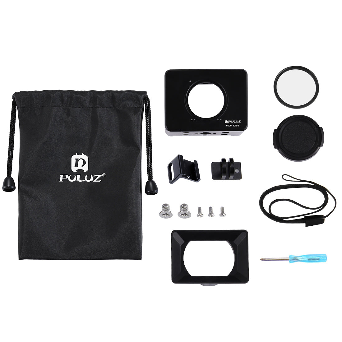 PULUZ Housing Shell CNC Aluminum Alloy Protective Cage with 37mm UV Lens & Cold-shoe Base Mount & Screw & Tripod Adapter for Sony RX0 II