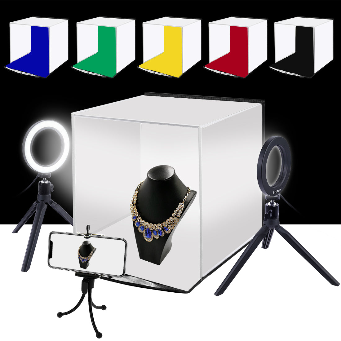 PULUZ 30cm Photo Softbox Portable Folding Studio Shooting Tent Box + 4.6 inch Ring LED Light Kits with 6 Colors Backdrops (Red, Green, Yellow, Blue, White, Black)