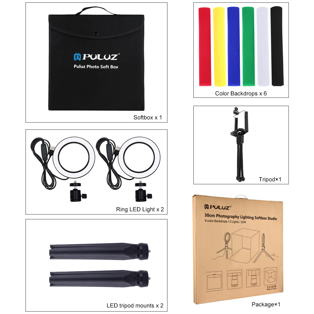 PULUZ 30cm Photo Softbox Portable Folding Studio Shooting Tent Box + 4.6 inch Ring LED Light Kits with 6 Colors Backdrops (Red, Green, Yellow, Blue, White, Black)