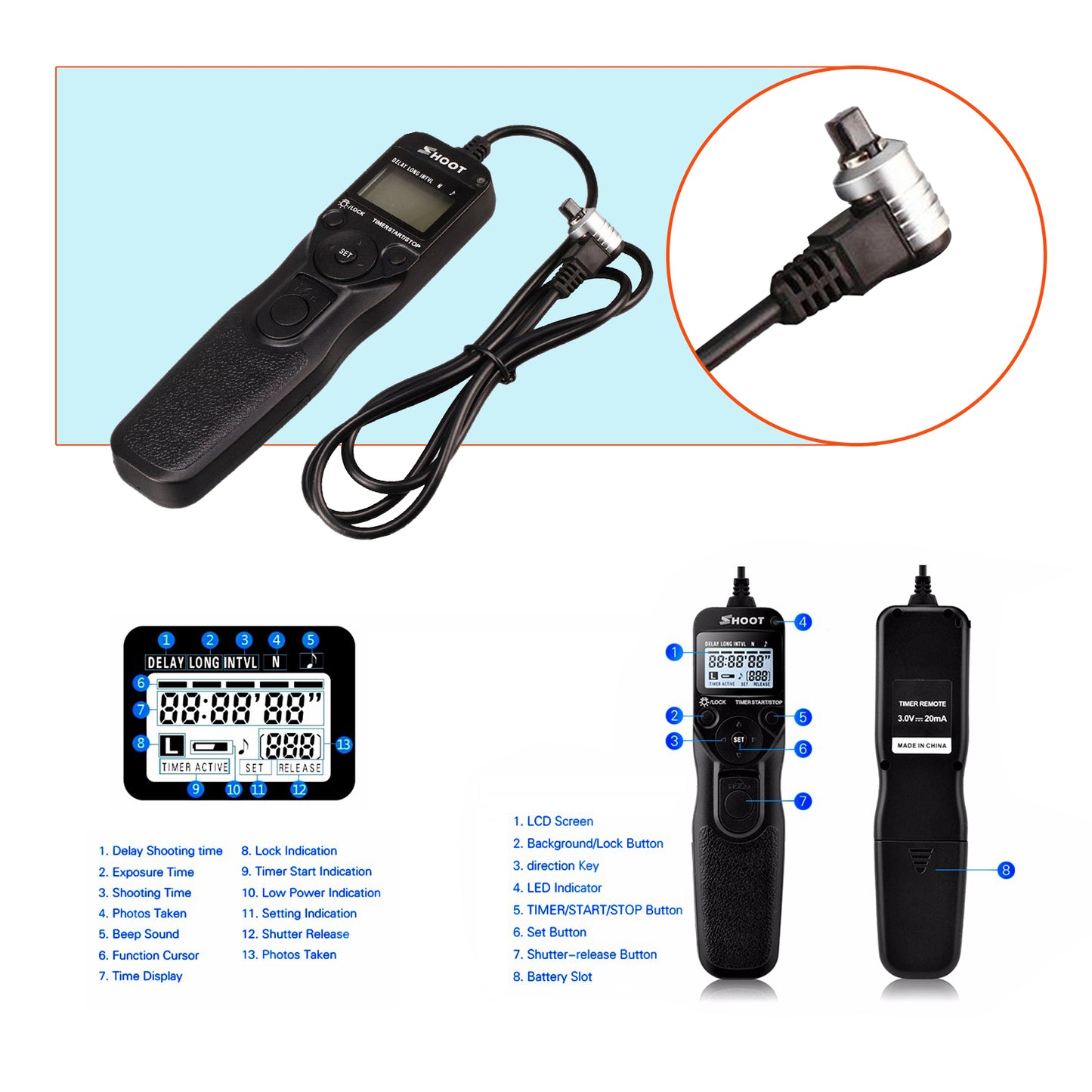 Shoot LCD Timer Remote Shutter Release RS-80N3 for Canon EOS 5D 6D 7D 20D 30D 40D 50D
