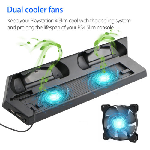 PS4 Console Ultra Thin Vertical Stand Charger with Dual Cooling Fan / 2 USB Charging Ports - Black