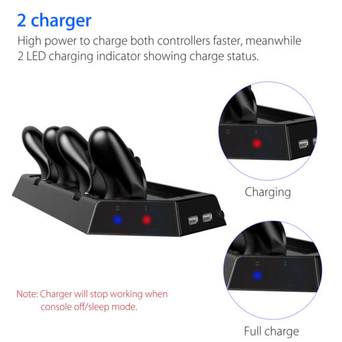 PS4 Console Ultra Thin Vertical Stand Charger with Dual Cooling Fan / 2 USB Charging Ports - Black