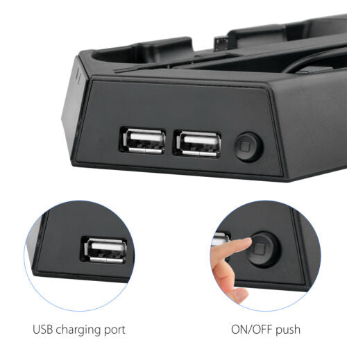 PS4 Console Ultra Thin Vertical Stand Charger with Dual Cooling Fan / 2 USB Charging Ports - Black