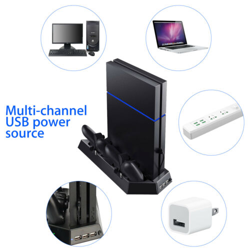 PS4 Console Ultra Thin Vertical Stand Charger with Dual Cooling Fan / 2 USB Charging Ports - Black