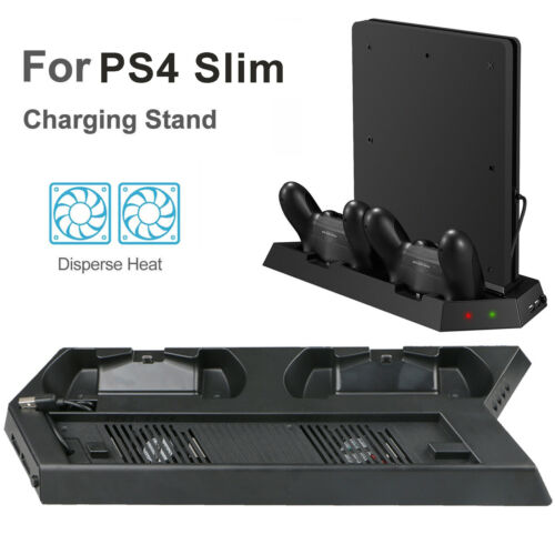 PS4 Console Ultra Thin Vertical Stand Charger with Dual Cooling Fan / 2 USB Charging Ports - Black
