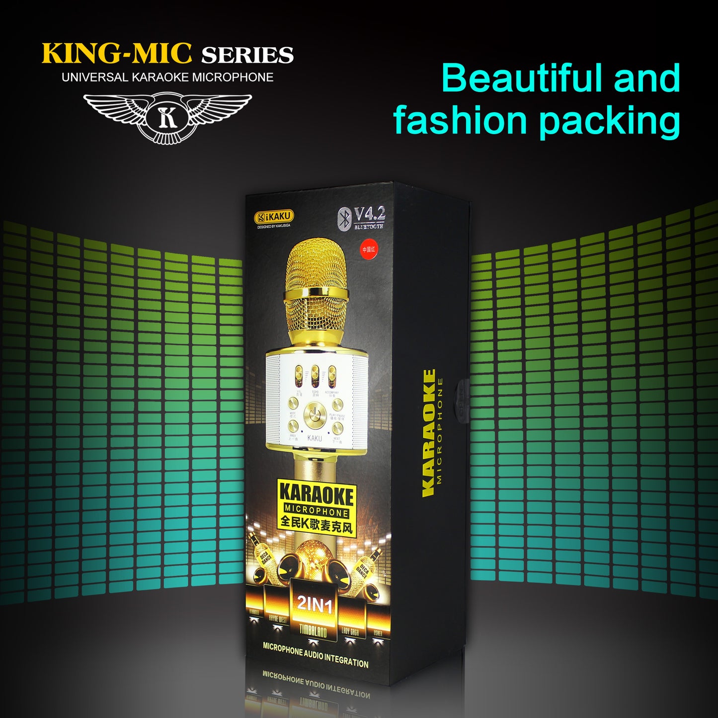 King-mic Series Universal 2-in-1 KTV Microphone Speaker Support Aux / TF Card - Gold