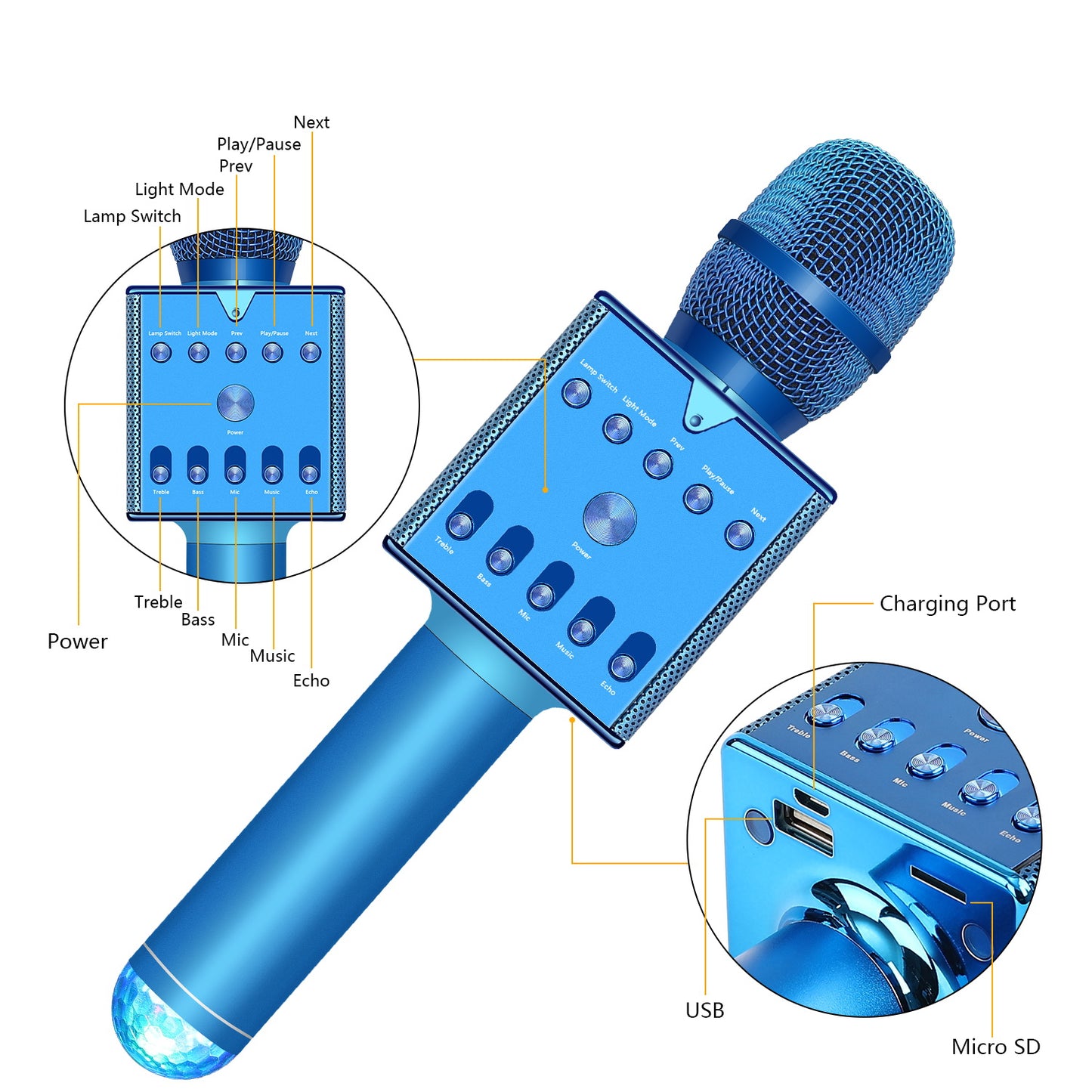 H007 Wireless Bluetooth Karaoke Microphone with Colorful LED Light